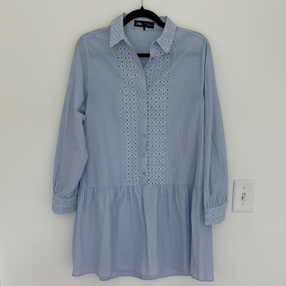ZARA Embroidered Mini Swing Dress Eyelet Crochet, Light Blue - Size S - Picture 2 of 7